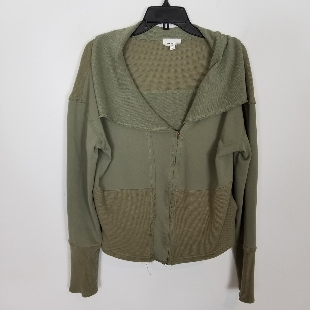Heyson Women Zip Up Cardigan Knit Jacket Sz L Olive Green Cotton